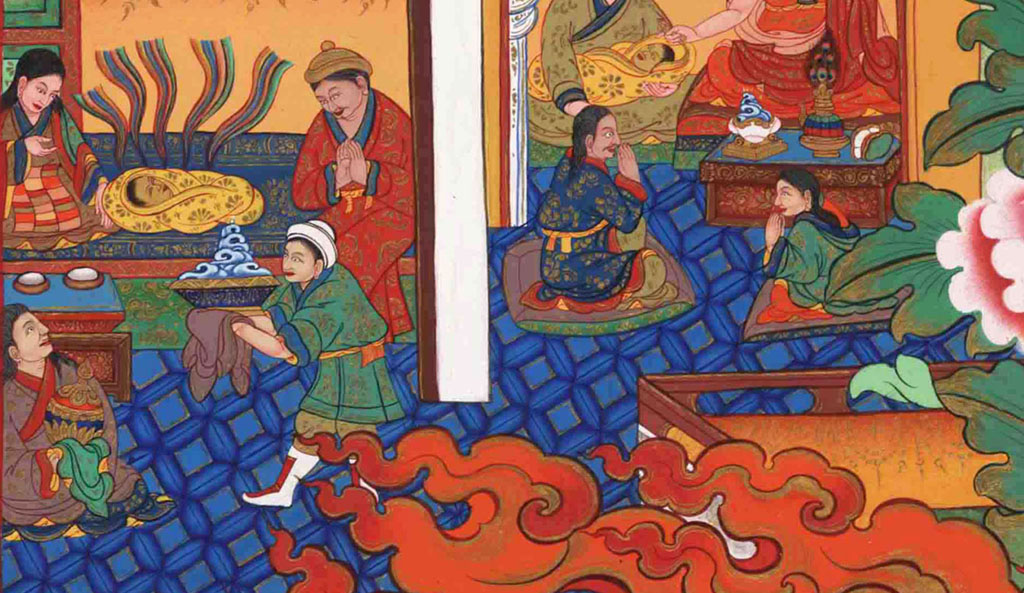 Szönam Gyacó (Ranu Shechok, Sonam Gyatso 1543-1588), a későbbi 3.Dalai Láma születését ábrázoló festmény, embracingcompassion.com