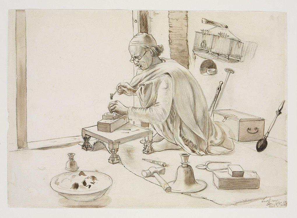 John Lockwood Kipling, Fémberakásos díszítést (bidri) véső mesterember. Lucknow, 1870. Toll, ceruza, lavírozás, papír, 26 × 36,5 cm. Victoria and Albert Museum, London, ltsz. 0929:55/(IS)