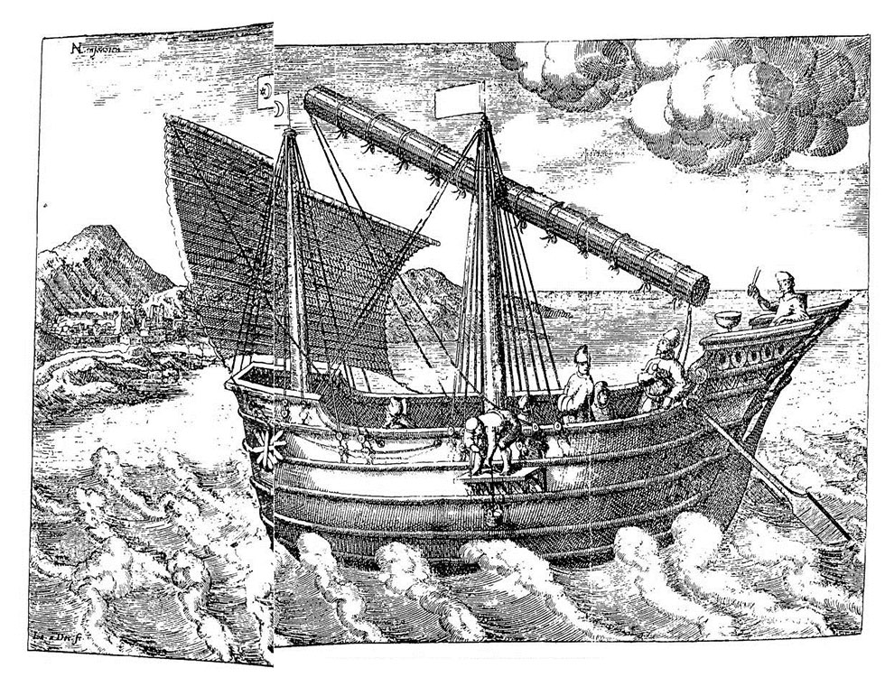 A Peregrinaçam (1614) illusztrációja nyomán Ferñao Mendes Pinto (1509–1583) hajója, amellyel eljutott Kínába. Boldog Eskandeli Máté legendája e műben olvasható