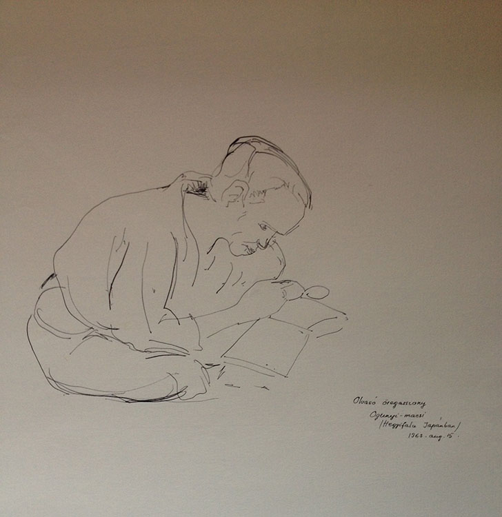 Olvasó öregasszony, Vida Mária rajza, Oguni-macsi, © Székácsné Vida Mária jogutódjai