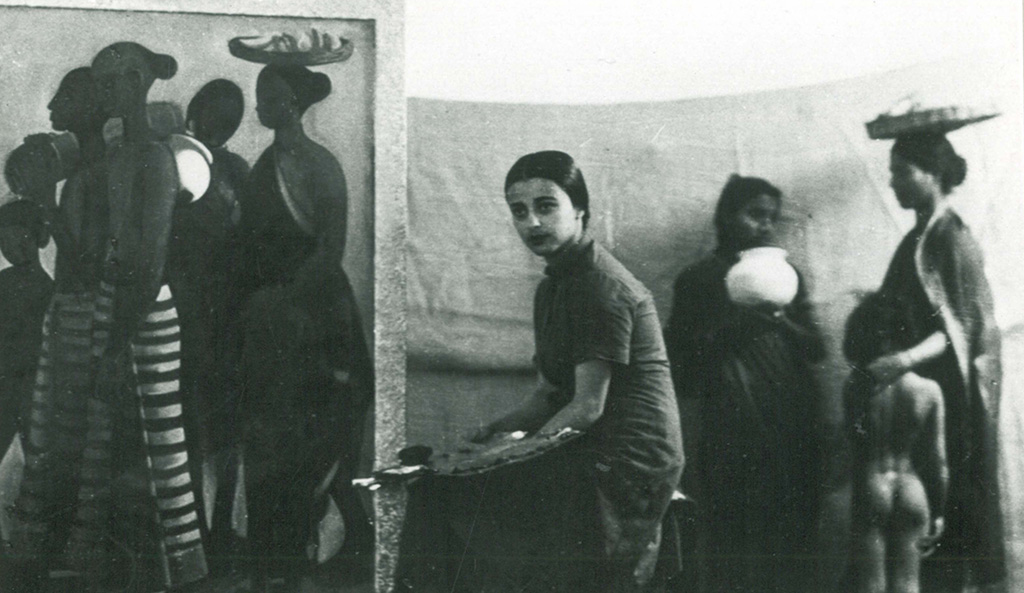 Készül A piacra menő dél-indiai parasztok című kép Amrita simlai műtermében, 1937 mandarchiv.hu
