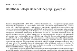 Wilhelm Gábor: Baráthosi Balogh Benedek néprajzi gyűjtései