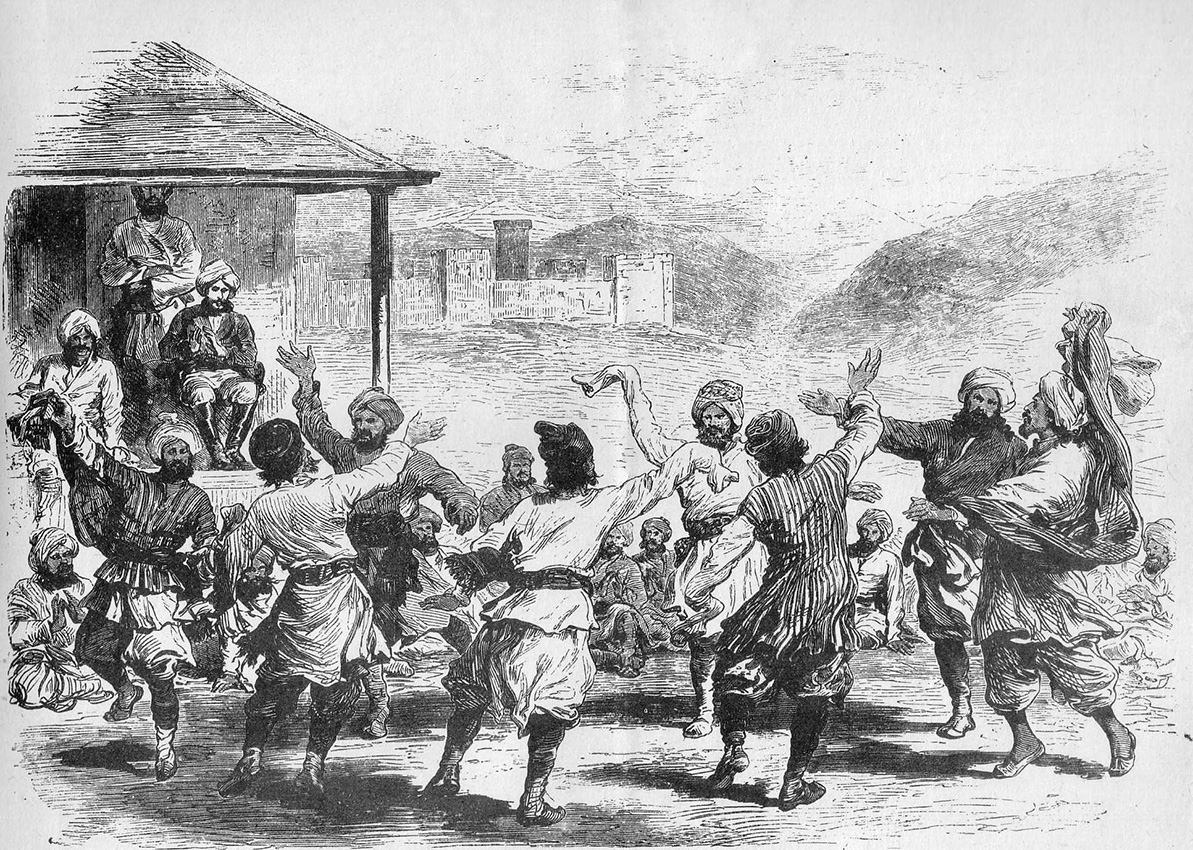 Tánc Gilgitben. Leitner a háttérből figyel. Forrás: A The Languages and Races of Dardistan c. könyv, Lahore, 1877.