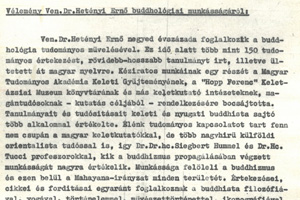 Ven. Dr. Hetényi Ernő buddhológiai munkásságáról Dr., Dr.h.c. Felvinczi-Takáts Zoltán prof. véleményezése